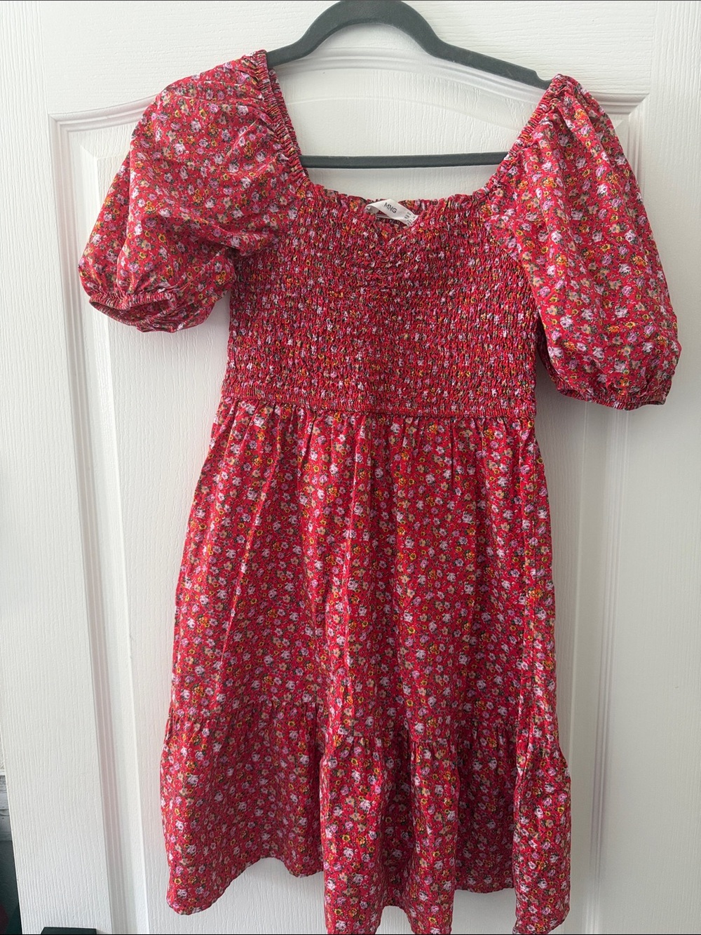 MNG Red Floral Smocked Puff Sleeve Dress